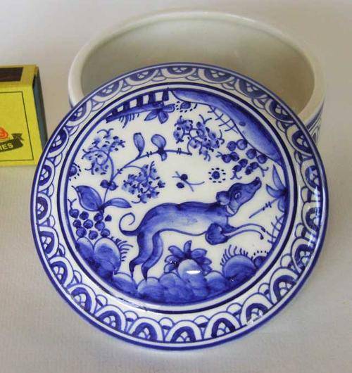 Stunning hand painted blue and white bowl with lid