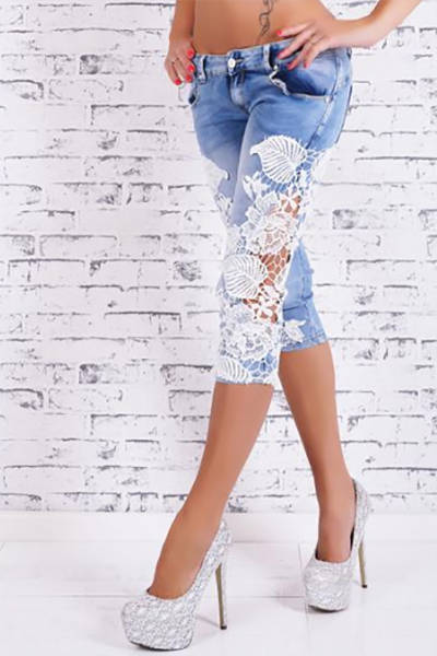 Jeans - Lace-Trim Patchwork Hollow-Out Bermuda Shorts (Free Shipping)