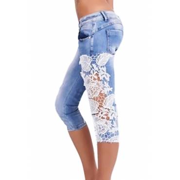 Jeans - Lace-Trim Patchwork Hollow-Out Bermuda Shorts