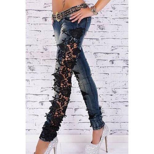 CROCHET FLOWER SPLICING WOMEN'S JEANS