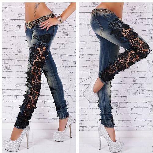 CROCHET FLOWER SPLICING WOMEN'S JEANS