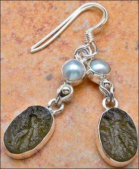 Sterling silver earrings - CZECH MOLDAVITE & PEARL - Dreams Collection