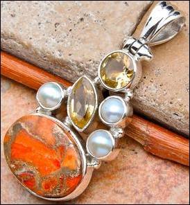 Sterling silver pendant - ORANGE COPPER TURQUOISE, CITRINE & PEARL - Dreams Collection