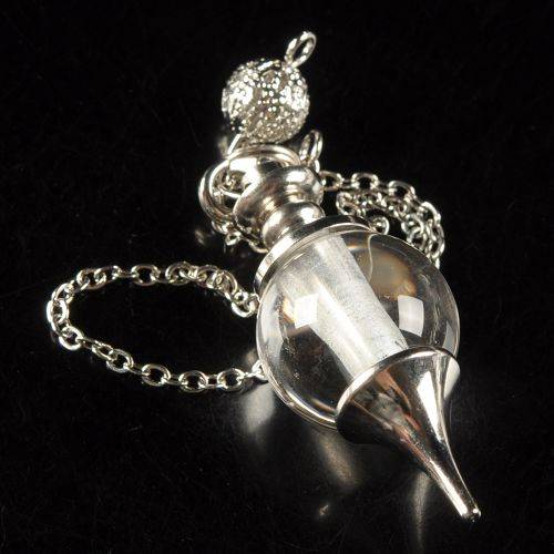 Natural CRYSTAL QUARTZ pendulum (silver plated casing & chain)