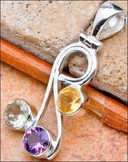 SALE ** Sterling silver pendant - PRASIOLITE, CITRINE & AMETHYST - Dreams Collection