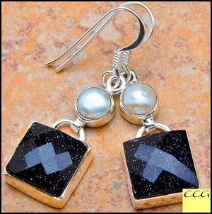 Sterling silver earrings - BLUE GOLDSTONE & PEARL - Dreams Collection