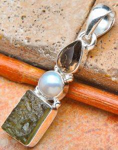 Sterling silver pendant - MOLDAVITE, SMOKY QUARTZ & PEARL - Dreams Collection