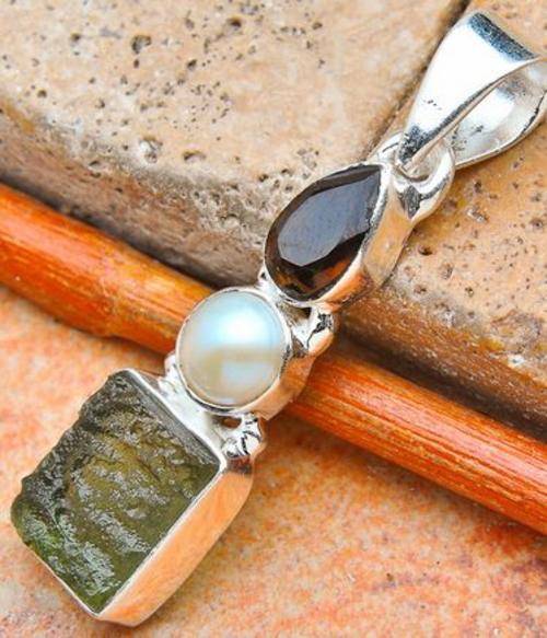 Sterling silver pendant - MOLDAVITE, SMOKY QUARTZ & PEARL - Dreams Collection