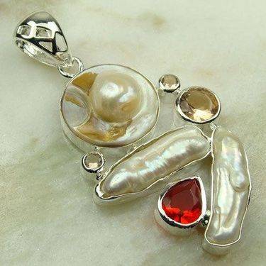 Sterling silver pendant - BIWA PEARL, MABE PEARL, MORGANITE & QUARTZ