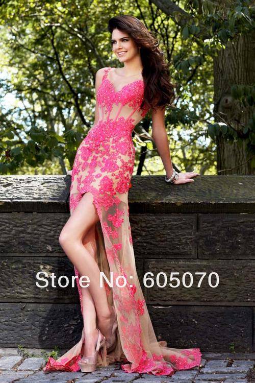 Hi Lo Spaghetti Straps Red Lace/Appliqued Beading Sheath Sexy Peacock Short Front Long Back Dress