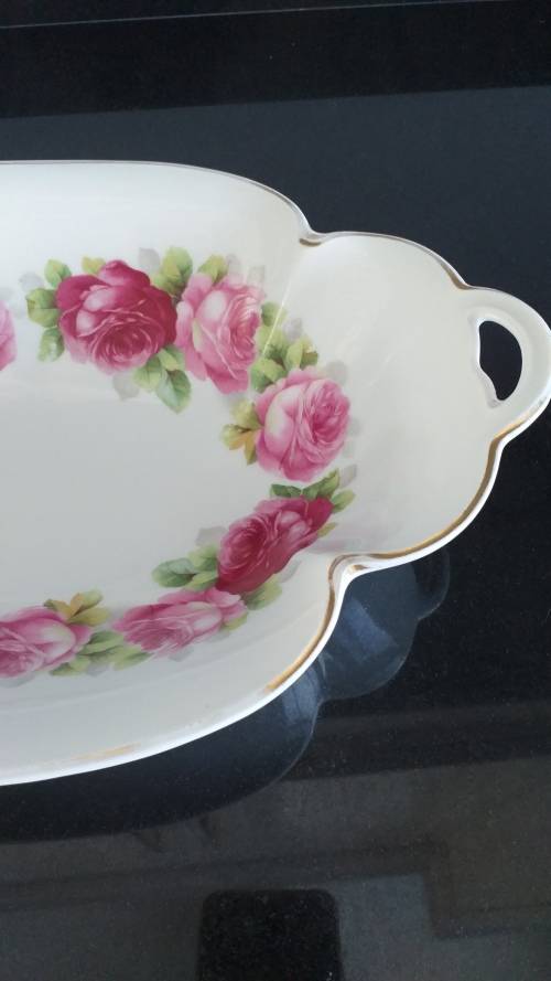 RARE!! ANTIQUE 1901 - 1933 ROSENTHAL CHRYSANTHEME CACILLIE `PINK ROSES` GOLD TRIM HANDLES DISH TRAY