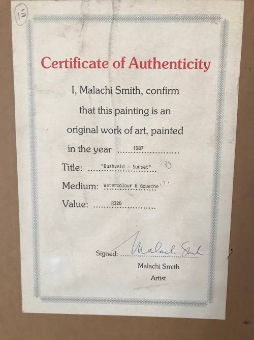 `MALACHI SMITH` ORIGINAL SIGNED PAINTING AUTHENTICATED BY THE MASTER HIMSELF. BUSHVELD - SUNSET 1987