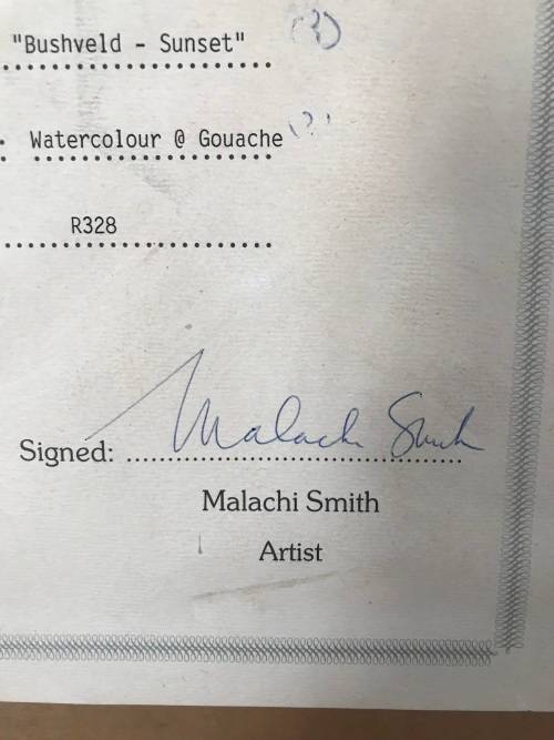 `MALACHI SMITH` ORIGINAL SIGNED PAINTING AUTHENTICATED BY THE MASTER HIMSELF. BUSHVELD - SUNSET 1987