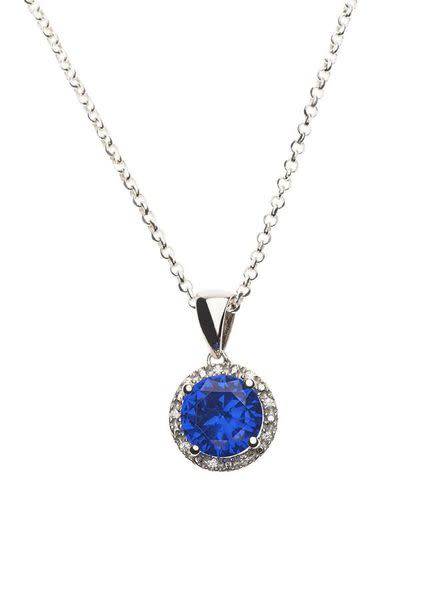 S925 Sterling Silver Necklace with Sapphire Crystal and Simulated Diamonds Halo Pendant