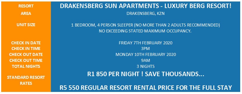 LUXURY BERG ESCAPE! R5 550 VALUE!!! DRAK SUN APARTMENTS 4 SLEEPER 07-02 > 10-02 (3 NIGHTS)