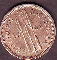 Southern Rhodesia 3d tickey Silver 1944 Silver