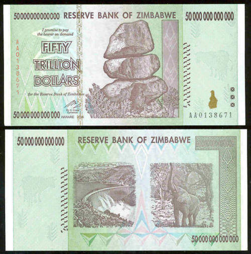 ZIMBABWE $50 TRILLION DOLLAR  -AA pre-fix UNCIRCULATED