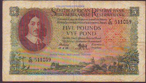 SOUTH AFRICA ,5 POUND  GOVERNOR MH DE KOCK WATERMARK VAN RIEBECK : AFR/ENG