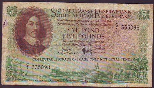 SOUTH AFRICA ,5 POUND  GOVERNOR MH DE KOCK WATERMARK VAN RIEBECK : AFR/ENG