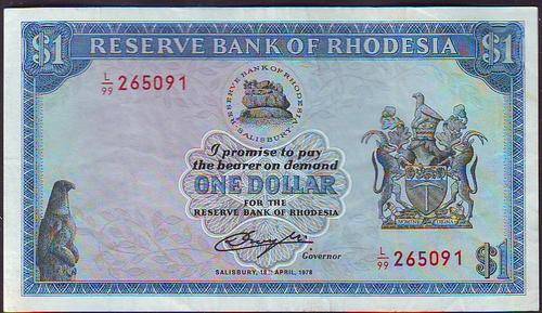 the RESERVE BANK OF RHODESIA  $1-00 :WATERMARK RHODES : L/99 265091 SALISBURY 18TH APRIL 1978
