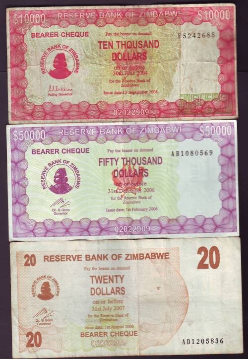 ZIMBABWE mixed used Bearer Cheques Banknotes as per scan x 3