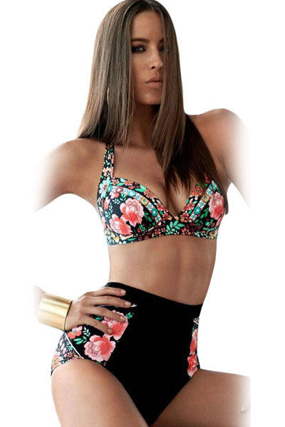 High Waist Retro Floral Print Padded Bikini Swimsuit Costume Beachwear