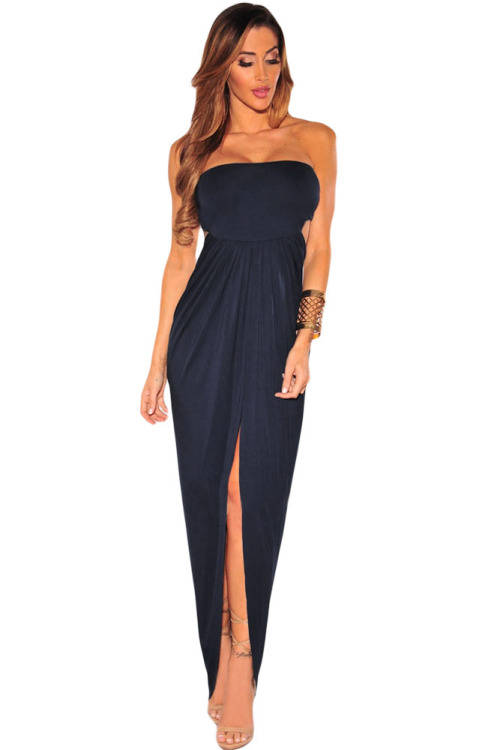 Navy Draped Strapless Sleeveless Maxi Dress Formal Cocktail Party Night Club Evening Wear