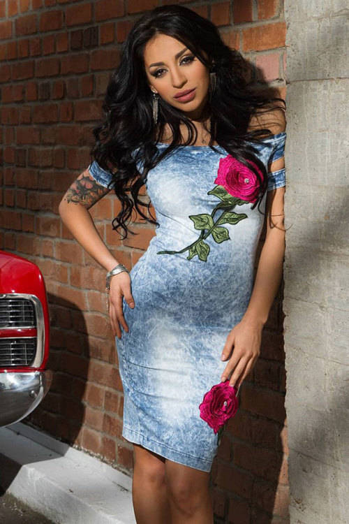 Embroidered Rose Detail Off Shoulder Lightweight Denim Midi Dress Formal Cocktail Party Night Club