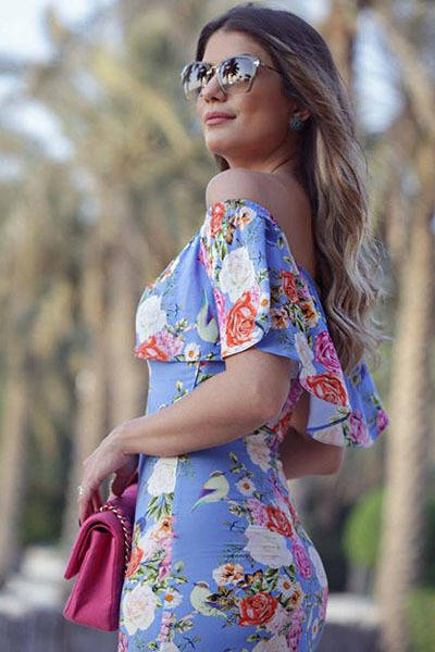 Blue With Floral Print Off Shoulder Mermaid Midi Dress Formal Cocktail Party Night Club Evening Wear