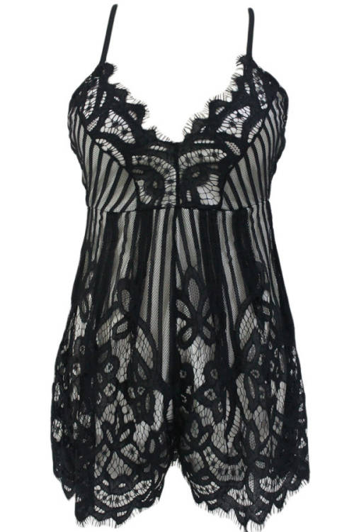 Black Lace Lined Relaxed Cross Back Deep V Neck Playsuit Romper