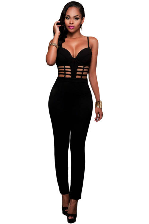 Black Padded Bustier Caged Look Cutaway Sleeveless Jumpsuit