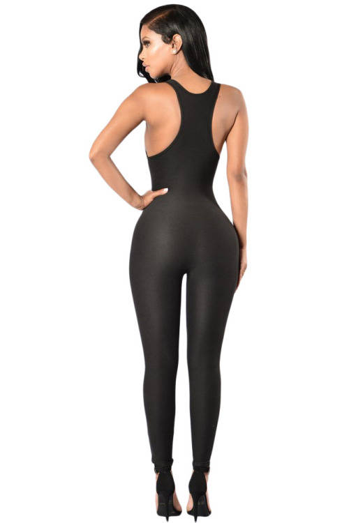 Black Skin Tight Cut Away Detail Sleeveless Jumpsuit