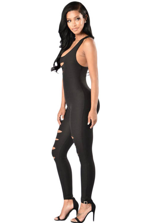 Black Skin Tight Cut Away Detail Sleeveless Jumpsuit