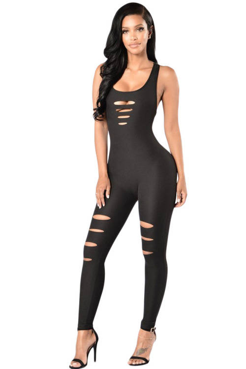 Black Skin Tight Cut Away Detail Sleeveless Jumpsuit