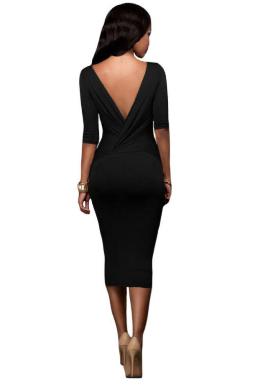 Black Wear Two Ways Bodycon Midi Dress Formal Cocktail Party Night Club Evening Wear