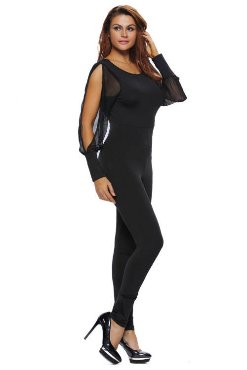 Black Sheer Split Sleeves Open Back Jumpsuit