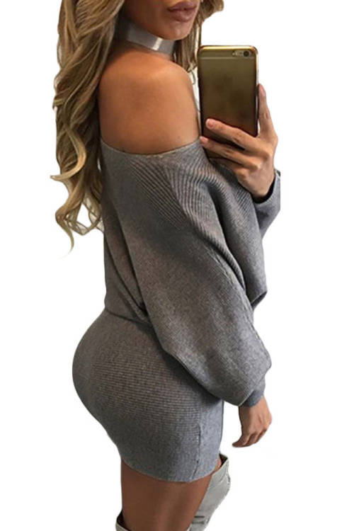 Grey Ribbed Knit Batwing Sleeves Off Shoulder Dress Formal Cocktail Part Night Club Evening Wear
