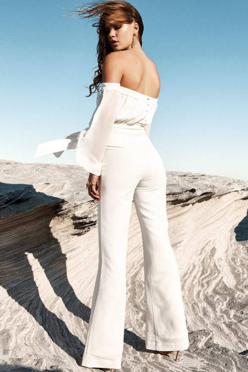 White Off Shoulder Sheer Long Sleeve Wide Leg Jumpsuit