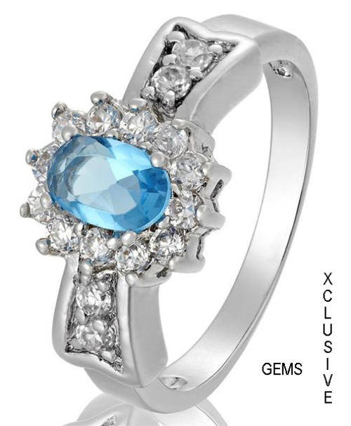 LOCALLY IN STOCK*18K WHITE GOLD PLATED SIMULATED BLUE TOPAZ LADIES RING