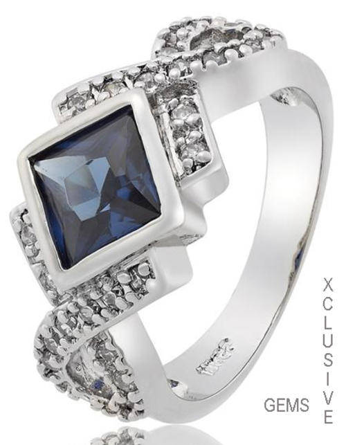 * R35 POSTAGE* 18K WHITE GOLD PLATED SIMULATED SAPPHIRE LADIES RING