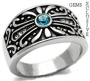 ** STUNNING STAINLESS STEEL SIMULATED BLUE TOPAZ RING