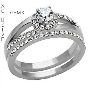 ** SIMULATED DIAMOND STAINLESS STEEL WEDDING RING SET