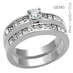 ** SIMULATED DIAMOND STAINLESS STEEL WEDDING RING SET