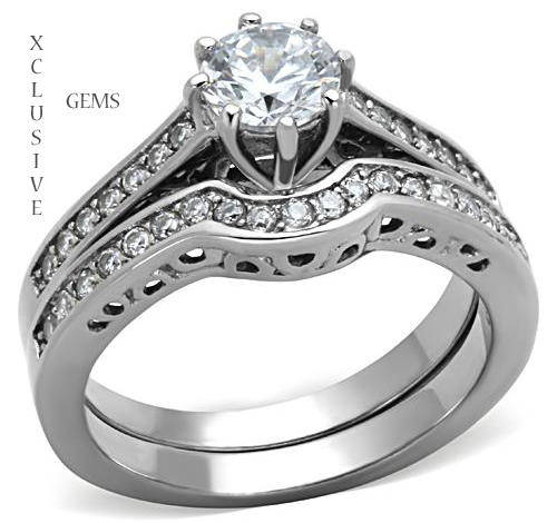 * BEAUTIFUL STAINLESS STEEL SIMULATED DIAMOND WEDDING RING SET