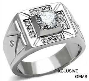 STAINLESS STEEL SIMULATED DIAMOND MEN'S RING