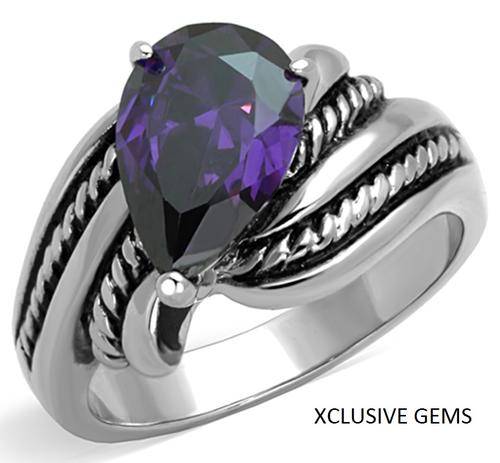 *SIMULATED AMETHYST SOLID STAINLESS STEEL ENGAGEMENT RING