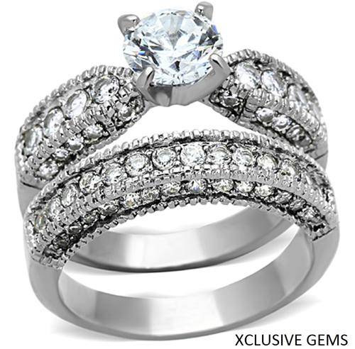 *SIMULATED DIAMOND SOLID STAINLESS STEEL WEDDING RING SET