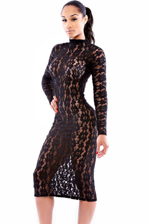 SEXY BLACK SHEER LACE DRESS (UNLINED)