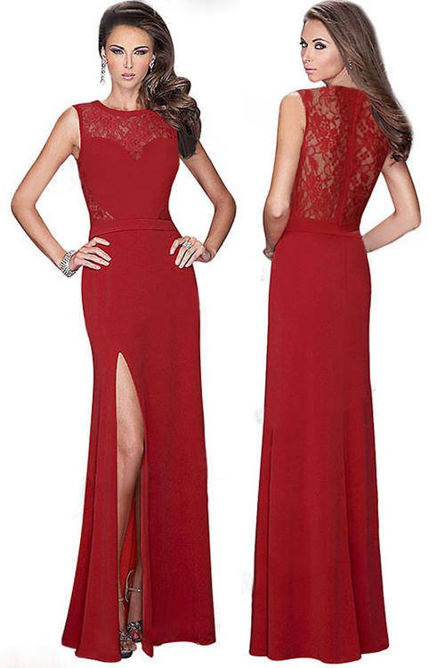 ELEGANT LACE DETAIL HIGH SLIT MAXI EVENING DRESS