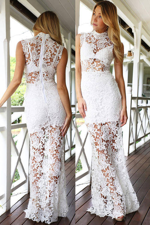 BEAUTIFUL HOLLOW OUT LACE DETAIL EVENING DRESS